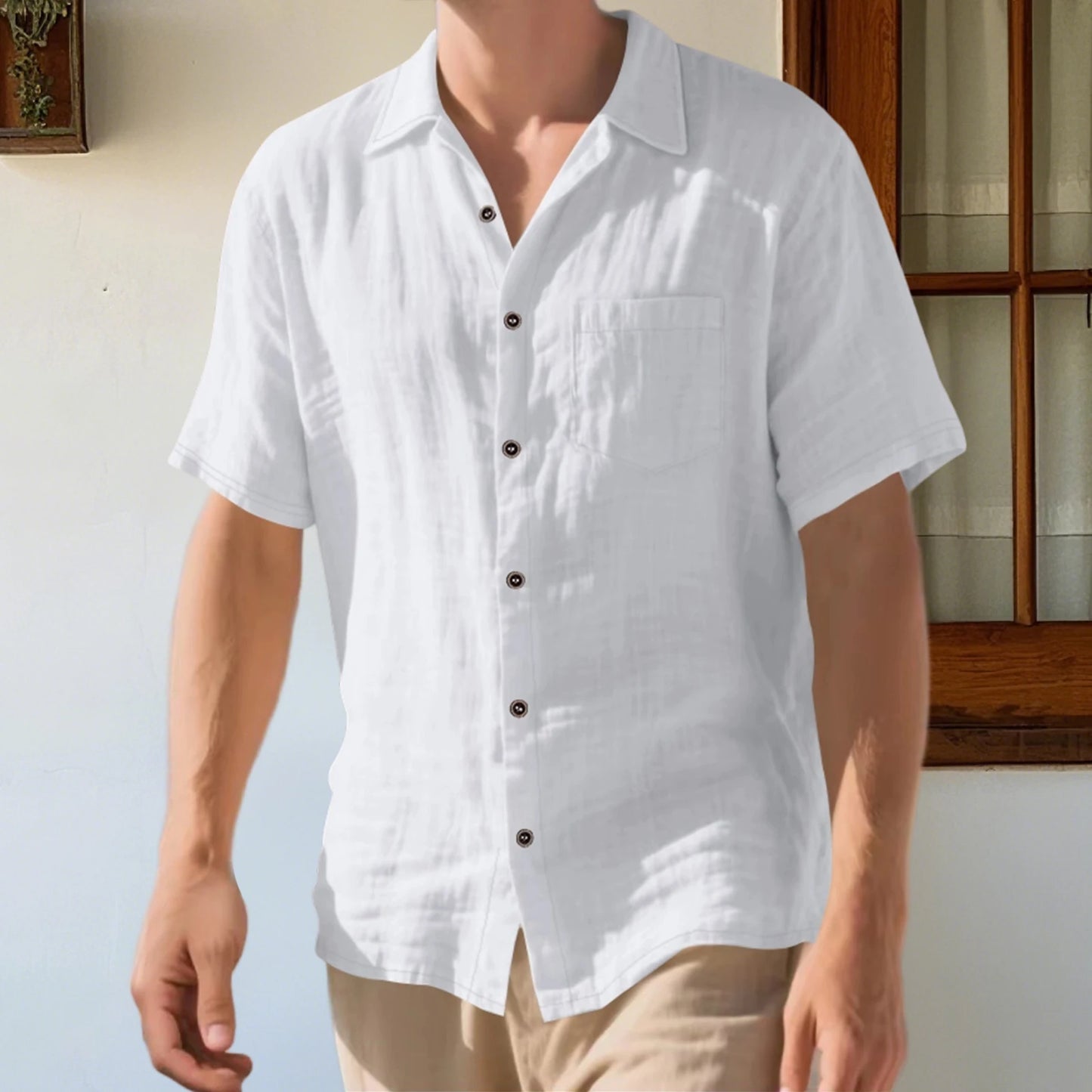 Men s Lightweight Linen Short Sleeve Button-Down Shirt Casual Solid Color Breathable Summer Tops Loose Fit Lapel Collar