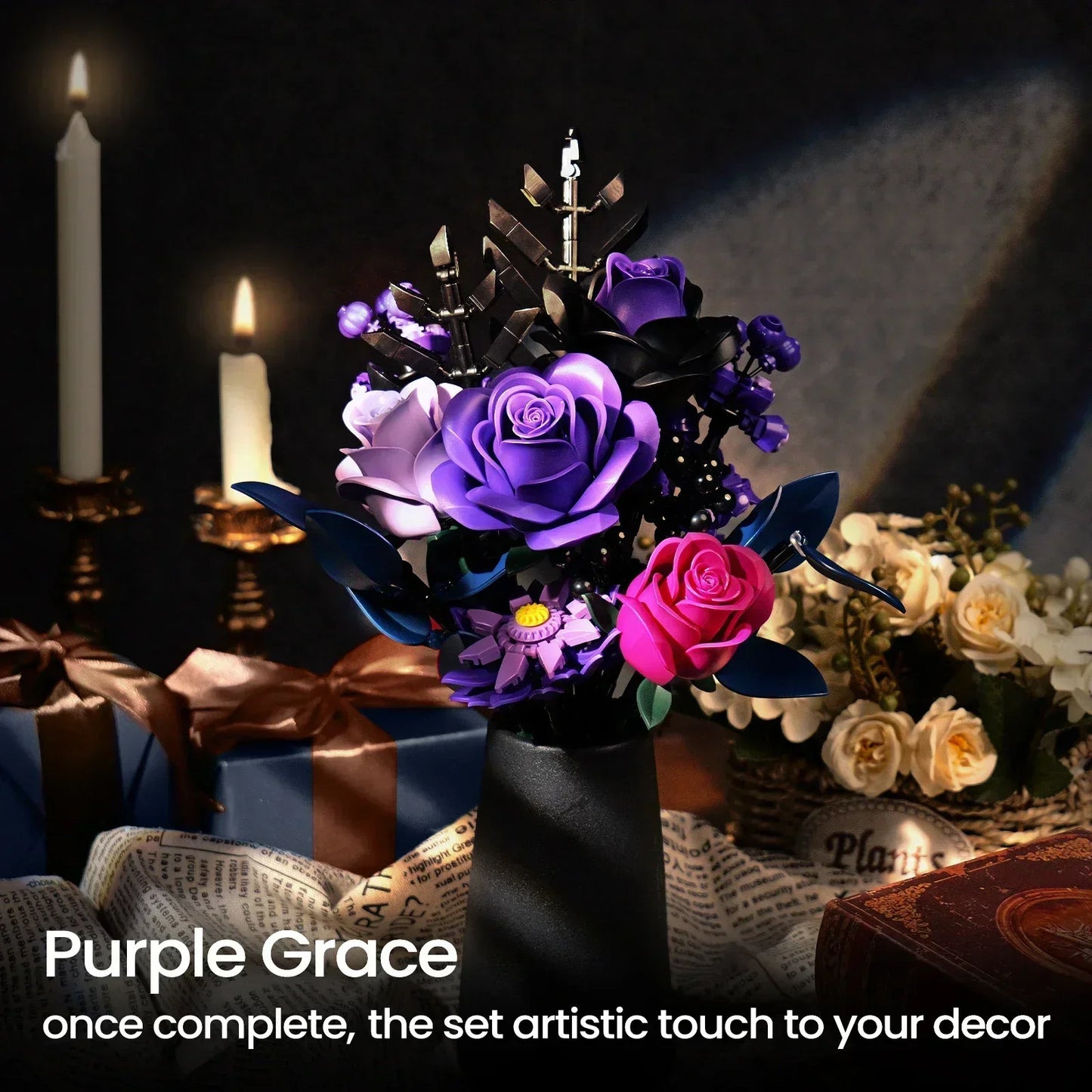 Purple Roses Blocks Flowers Building Set Simulated Rose Wedding Floral Home Decoration Bouquet Brick Toy Birthday Gift for Adult