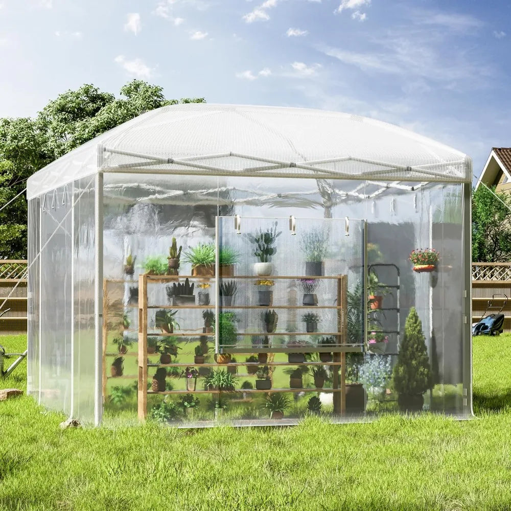10×10×8.5 FT Outdoors Pop-up Greenhouses with Adjustable Reinforced Frame, Portable Walk in Greenhouse with 2 Roll-up