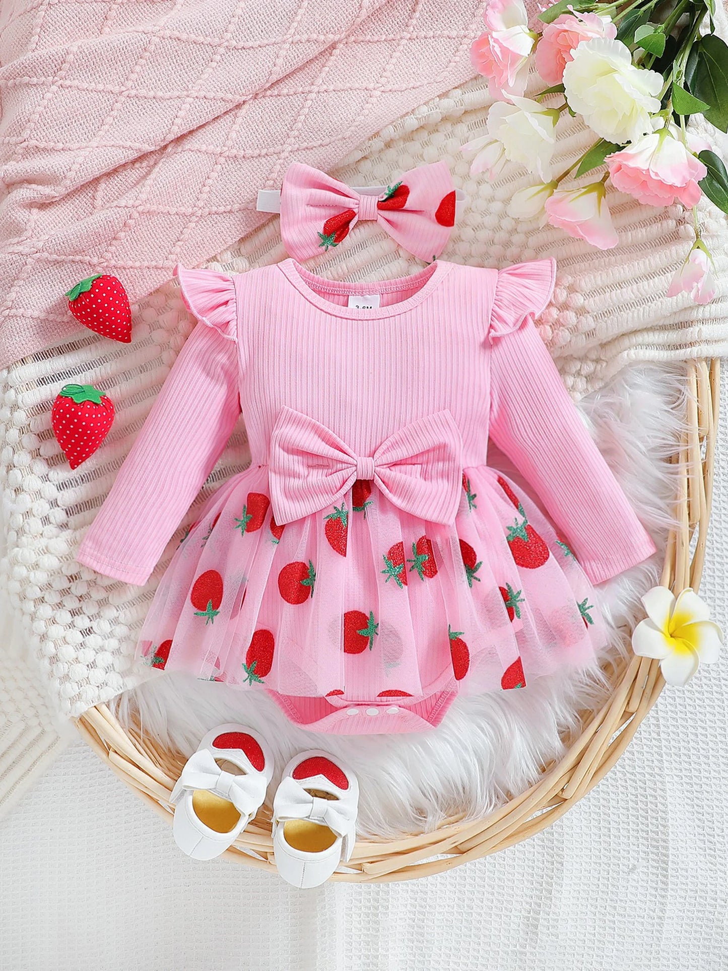 Infant Girls 2-Piece Clothing Set with Ruffle Sleeve Floral Print Romper and Matching Headband Baby Outfit for Newborns