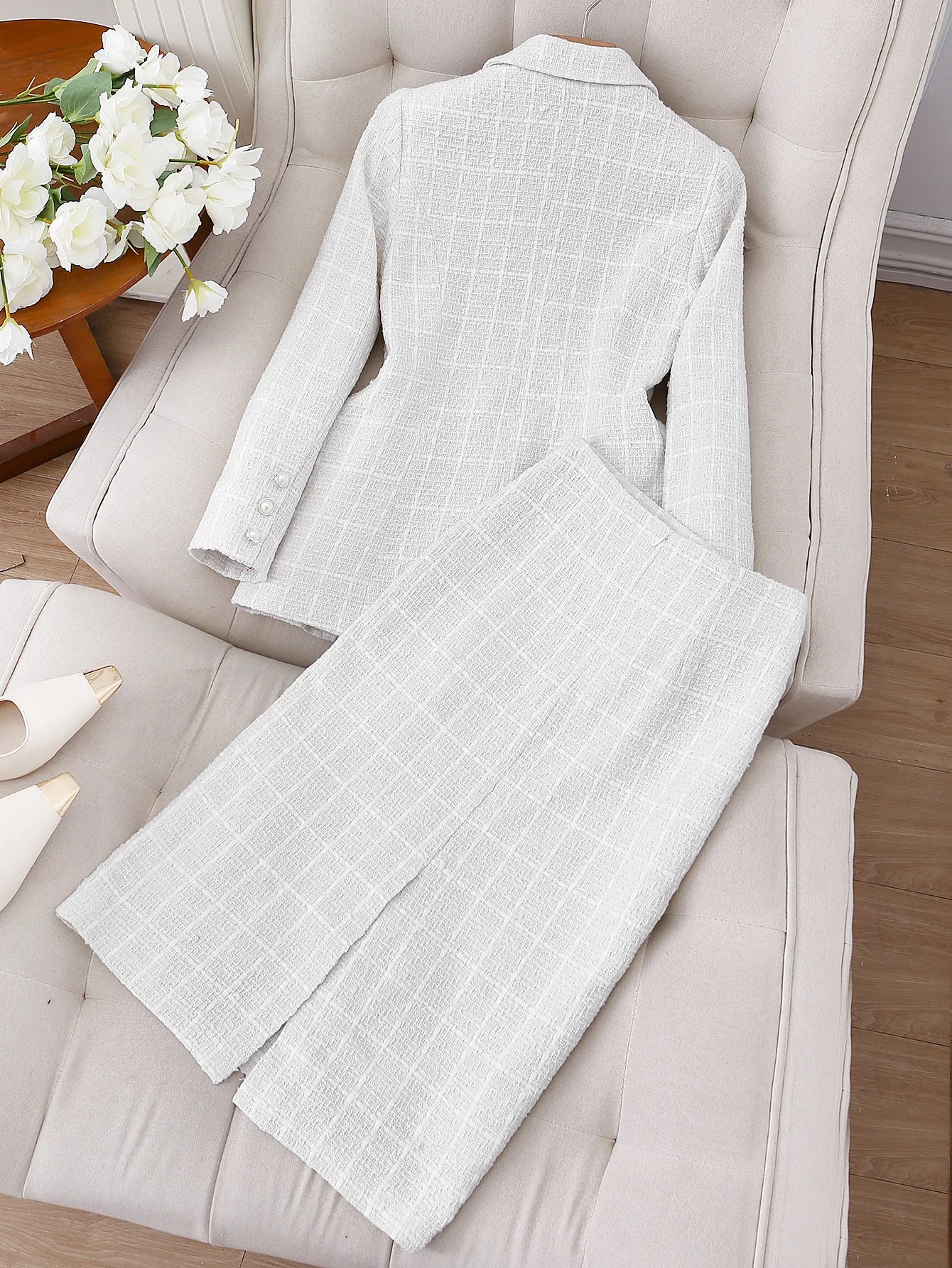 Women Regular Fit Lapel Collar Jacket And Skirt Set