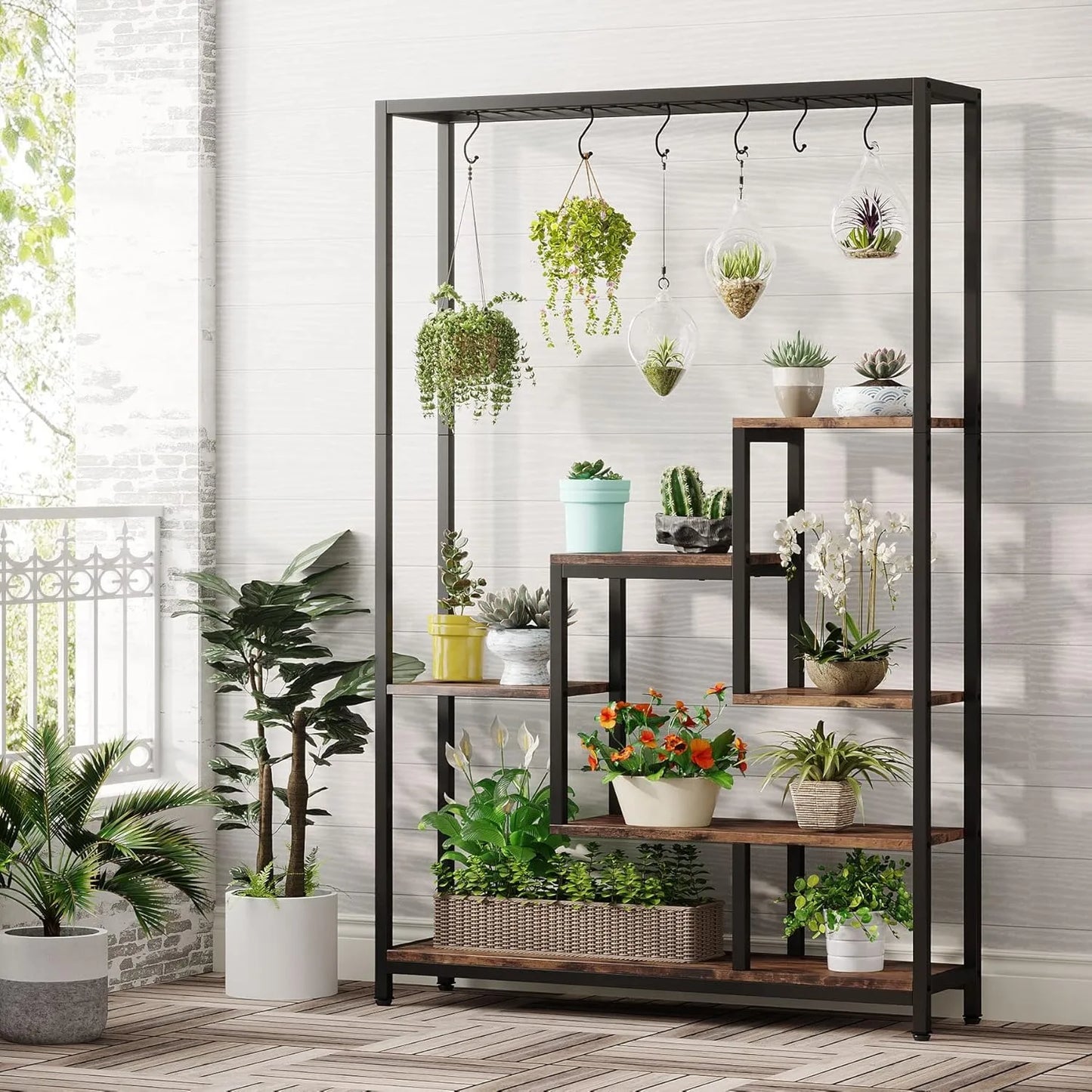 5-Tier Tall Indoor Plant Stand, 70.9 inches Large Metal Plant Shelf with 6PC S Hanging Hooks for Indoor, Garden