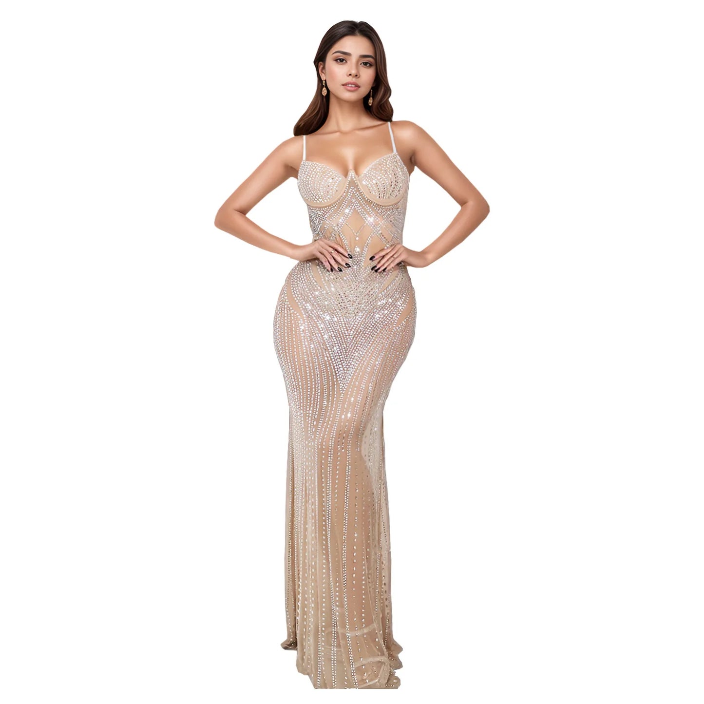 Women's Hot Drilling Craft Sexy Long Sleeve Mesh See Through Sequined Party Club Night Rhinestone Dress
