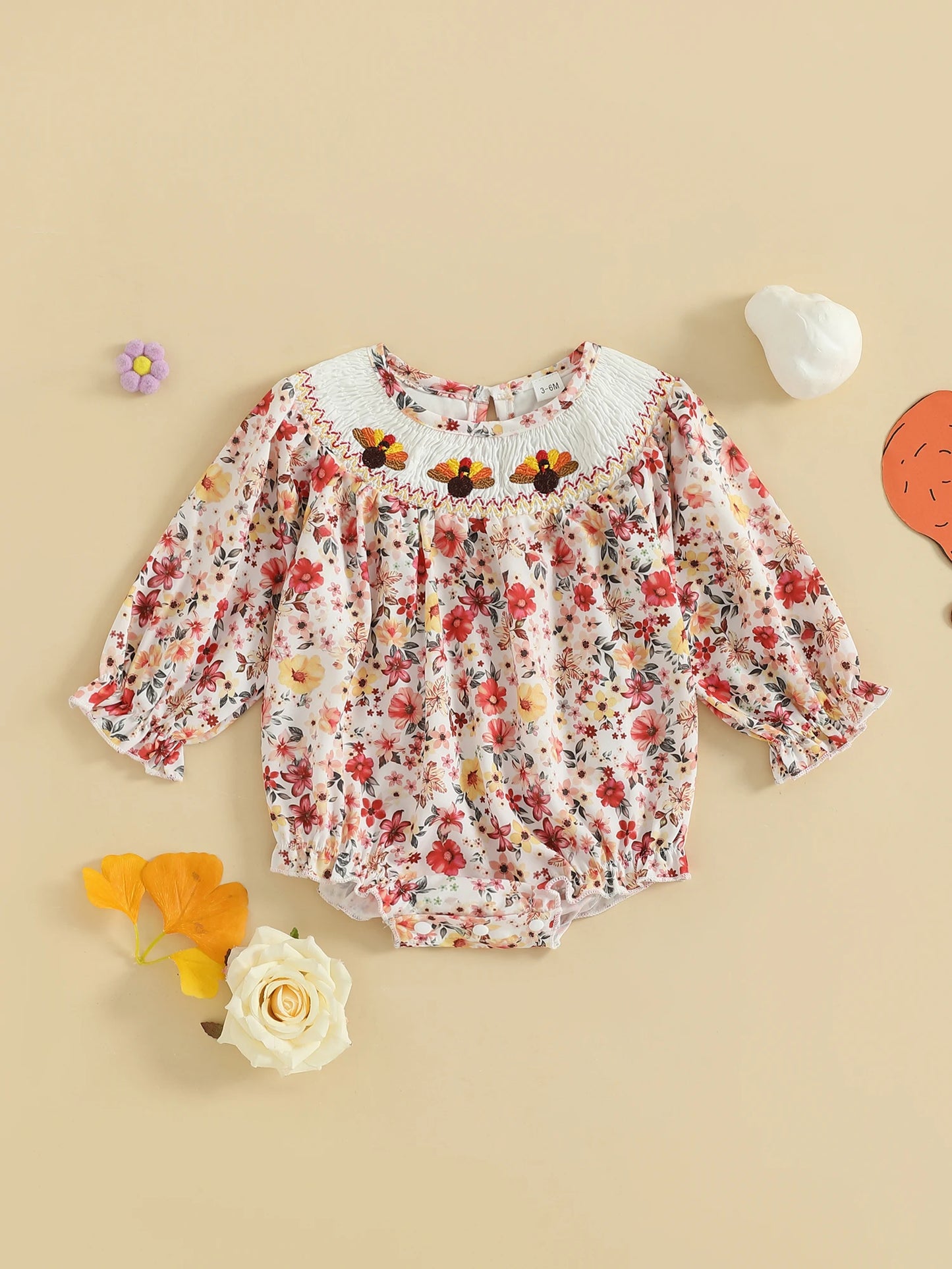 Thanksgiving Baby Girl Romper with Turkey and Pumpkin Print Long Sleeve Crewneck Smocked Bodysuit for Fall Adorable Autumn