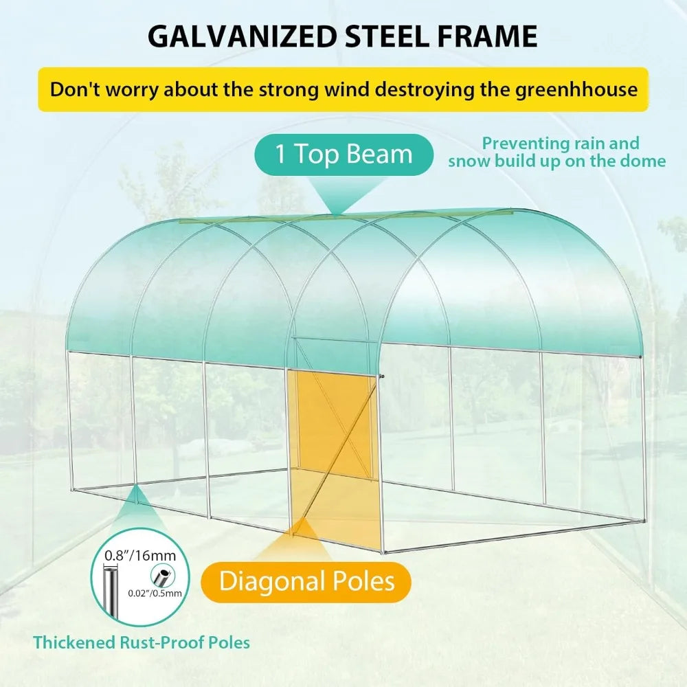15x7x7 FT Walk-in Greenhouse with 2 Roll-Up Zipper Doors and 8 Windows, Garden Plant Hot House with Galvanized Steel Frame