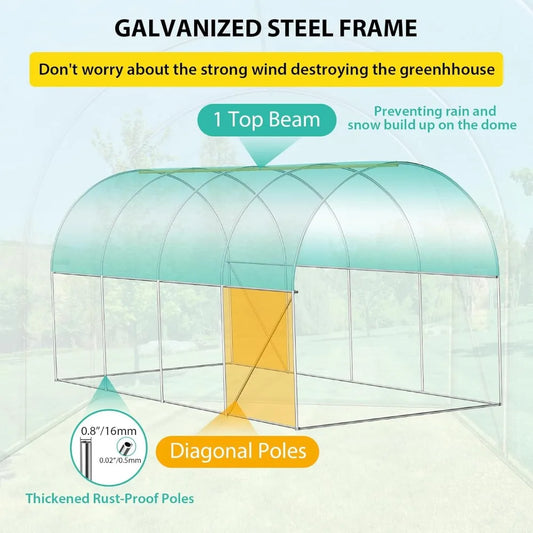15x7x7 FT Walk-in Greenhouse with 2 Roll-Up Zipper Doors and 8 Windows, Garden Plant Hot House with Galvanized Steel Frame
