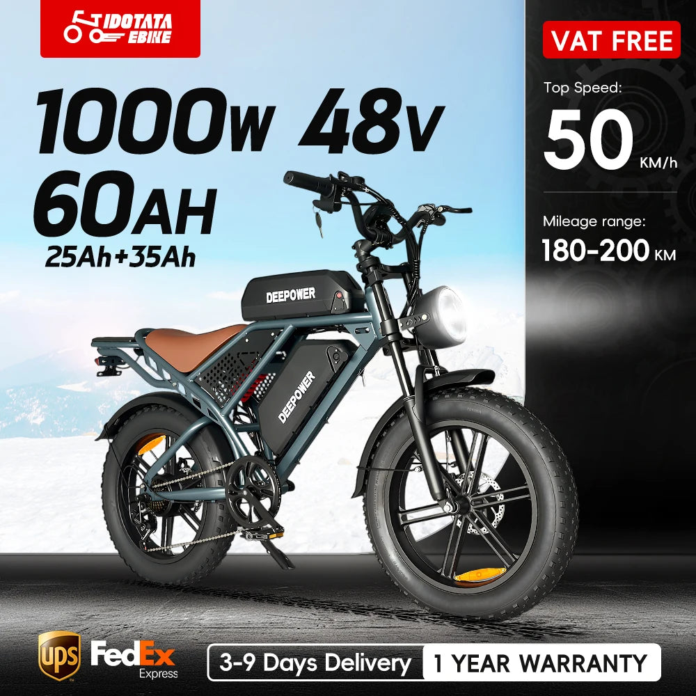 1000W 48V 60AH Adult Ebike Electric Bike Mountain Max 55KM/H Speed 20Inch Fat Tire Cycling Bicycle Electric Bicycle Off-road