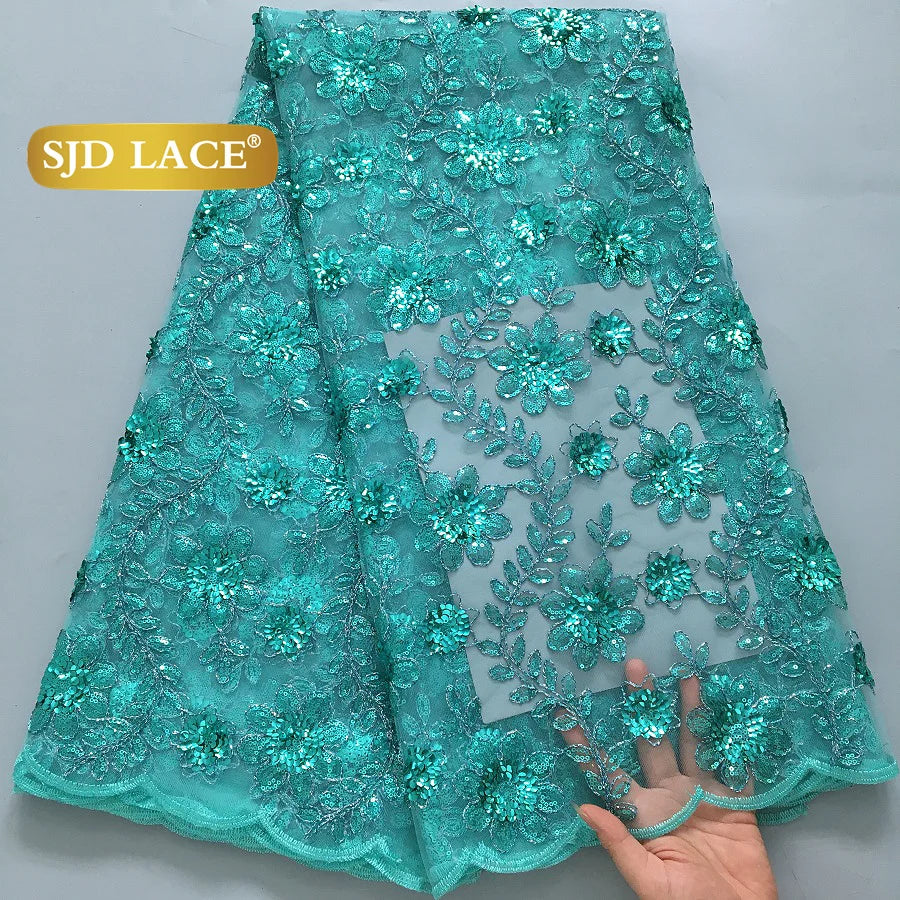 SJD LACE African Green Sequins Mesh Woman Lace Fabric High Quality 2025 Nigerian French Net Lace for Sewing Wedding Dresses 3735