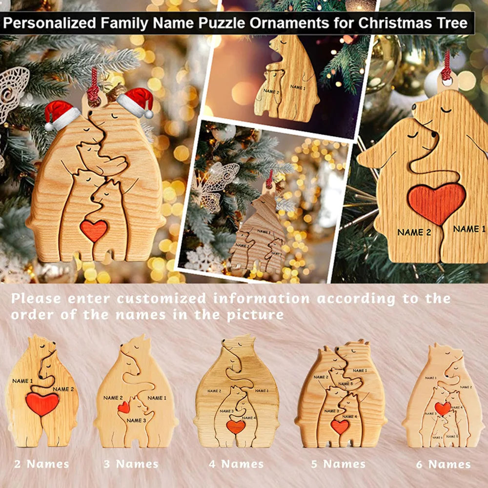 Personalized Custom Bear Family Wooden Puzzle DIY Free Engraving Name Sculpture Home DeskDecor Figurines Christmas Birthday Gift