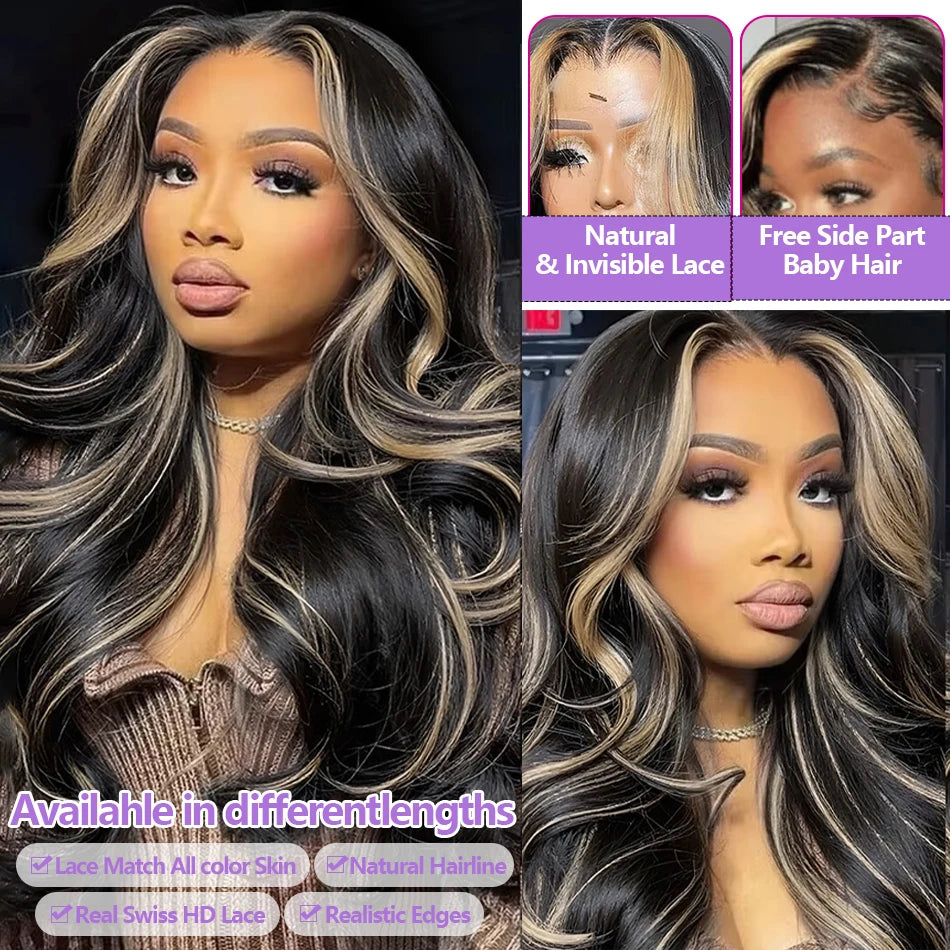 1B/27 Balayage Highlight Body Wave Wig Human Hair 30 Inch 13x4 HD Lace Frontal Wig Ombre Blonde Highlight Brazilian Hair  Wigs