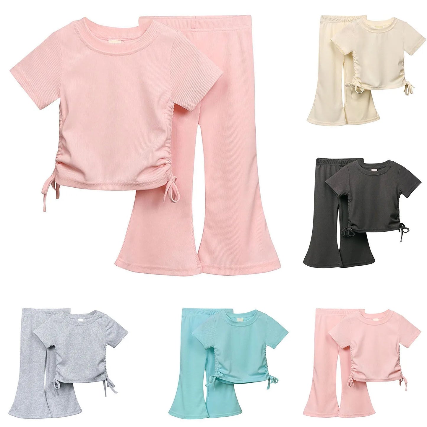 New Korean Short sleeved Set Summer Solid Color Pullover Top+Flare Pants Thin Casual Two Piece Set Suitable for Girls Aged 2-8