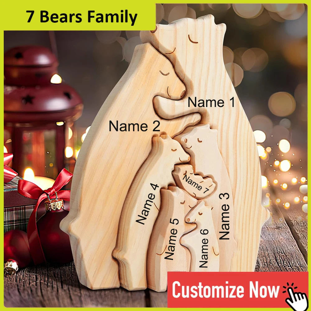Personalized Custom Bear Family Wooden Puzzle DIY Free Engraving Name Sculpture Home DeskDecor Figurines Christmas Birthday Gift
