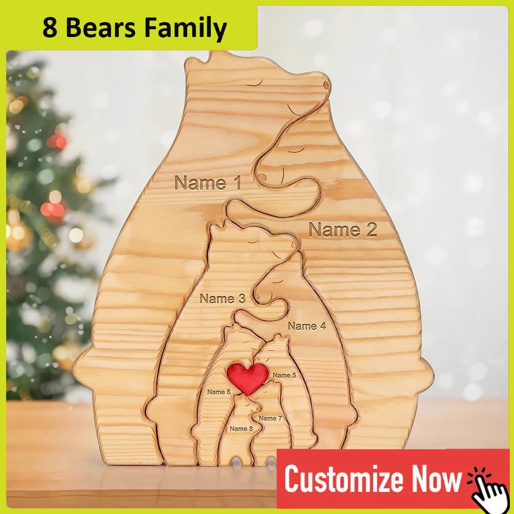 Personalized Custom Bear Family Wooden Puzzle DIY Free Engraving Name Sculpture Home DeskDecor Figurines Christmas Birthday Gift