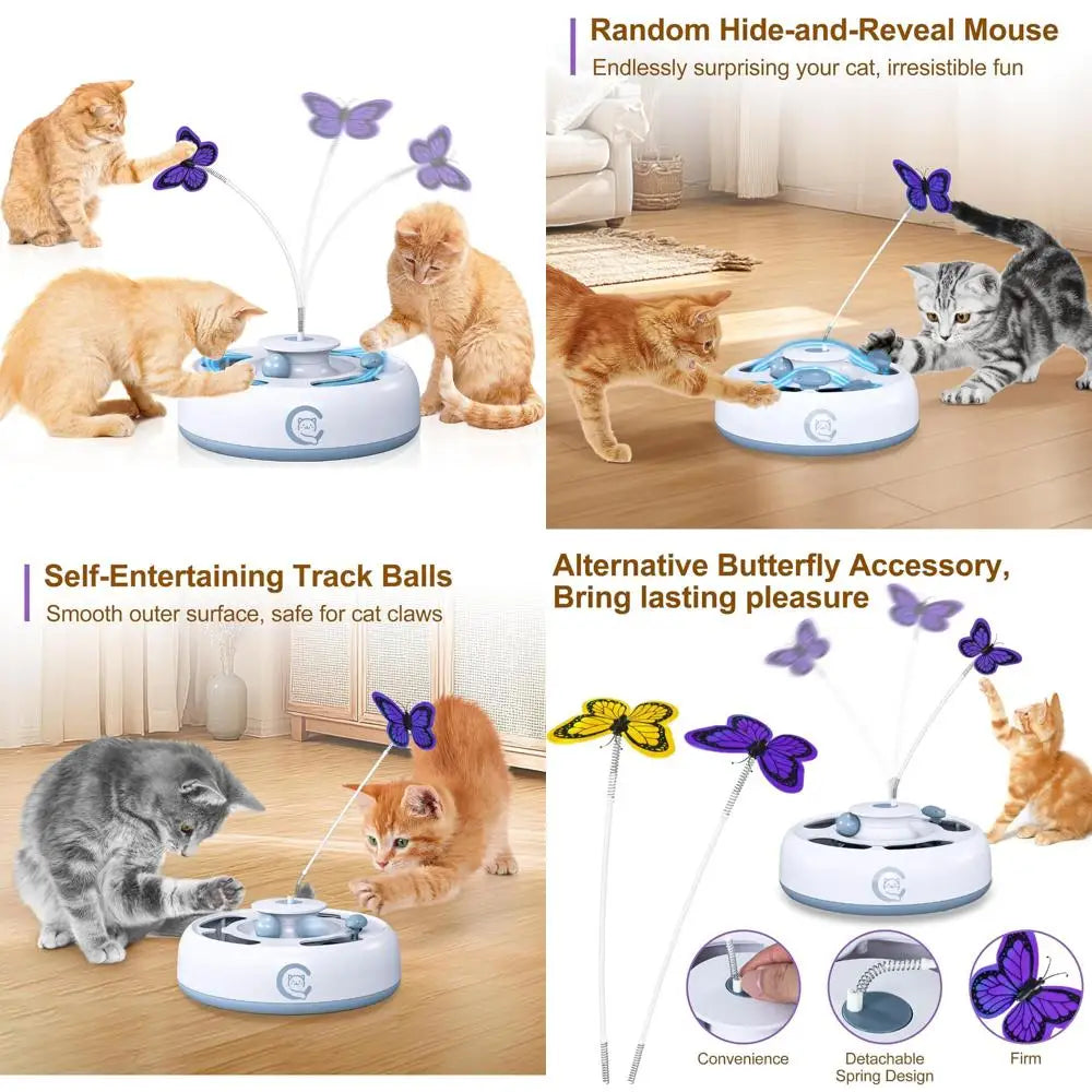 Cat Toys 3 in1 Automatic Interactive Kitten Toy, Moving Ambush Mouse, Fluttering Butterfly, Track Balls, USB Powered, Indoor Exe