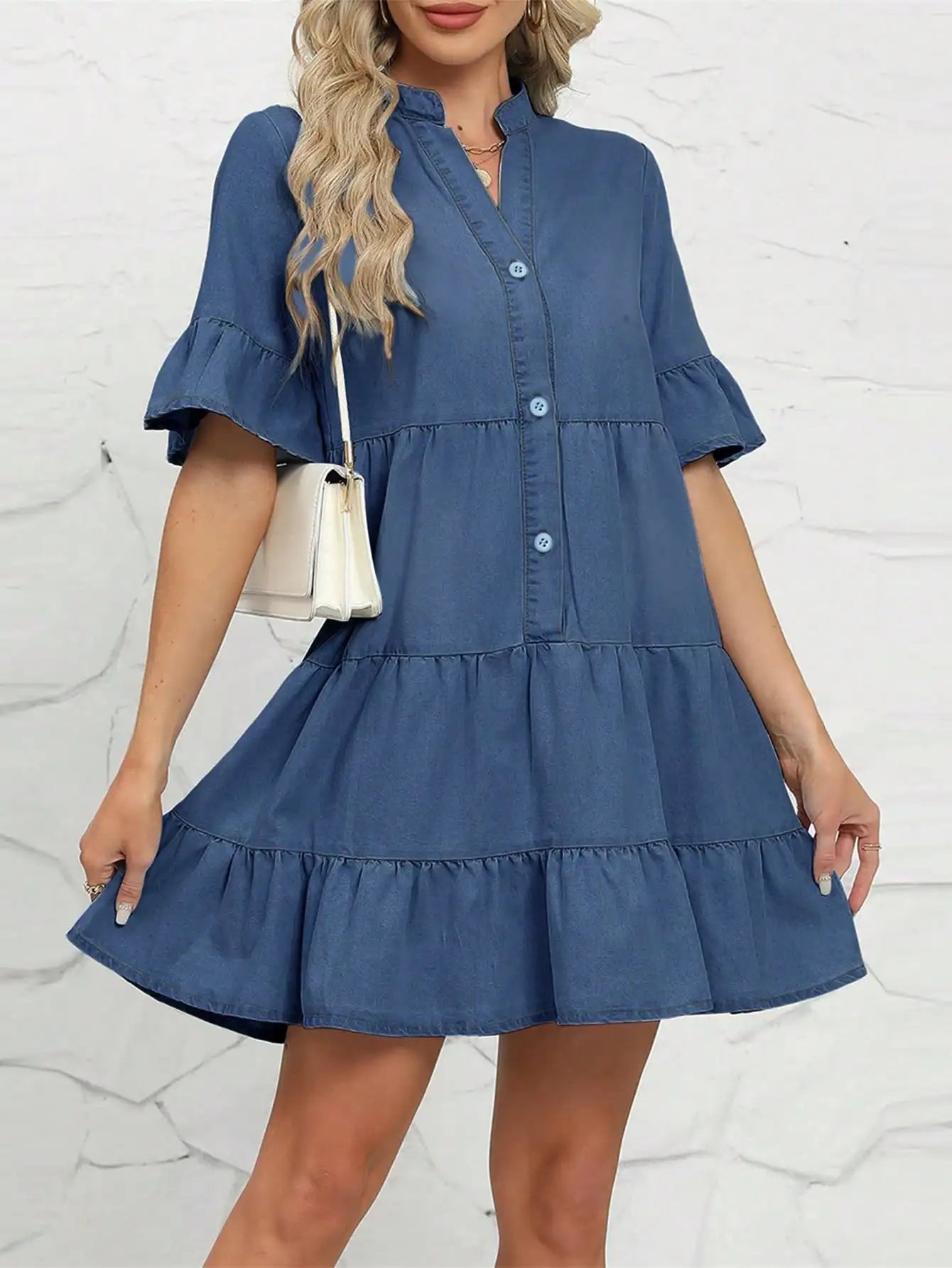 Women's denim dress doll layered short sleeved button denim shirt dress