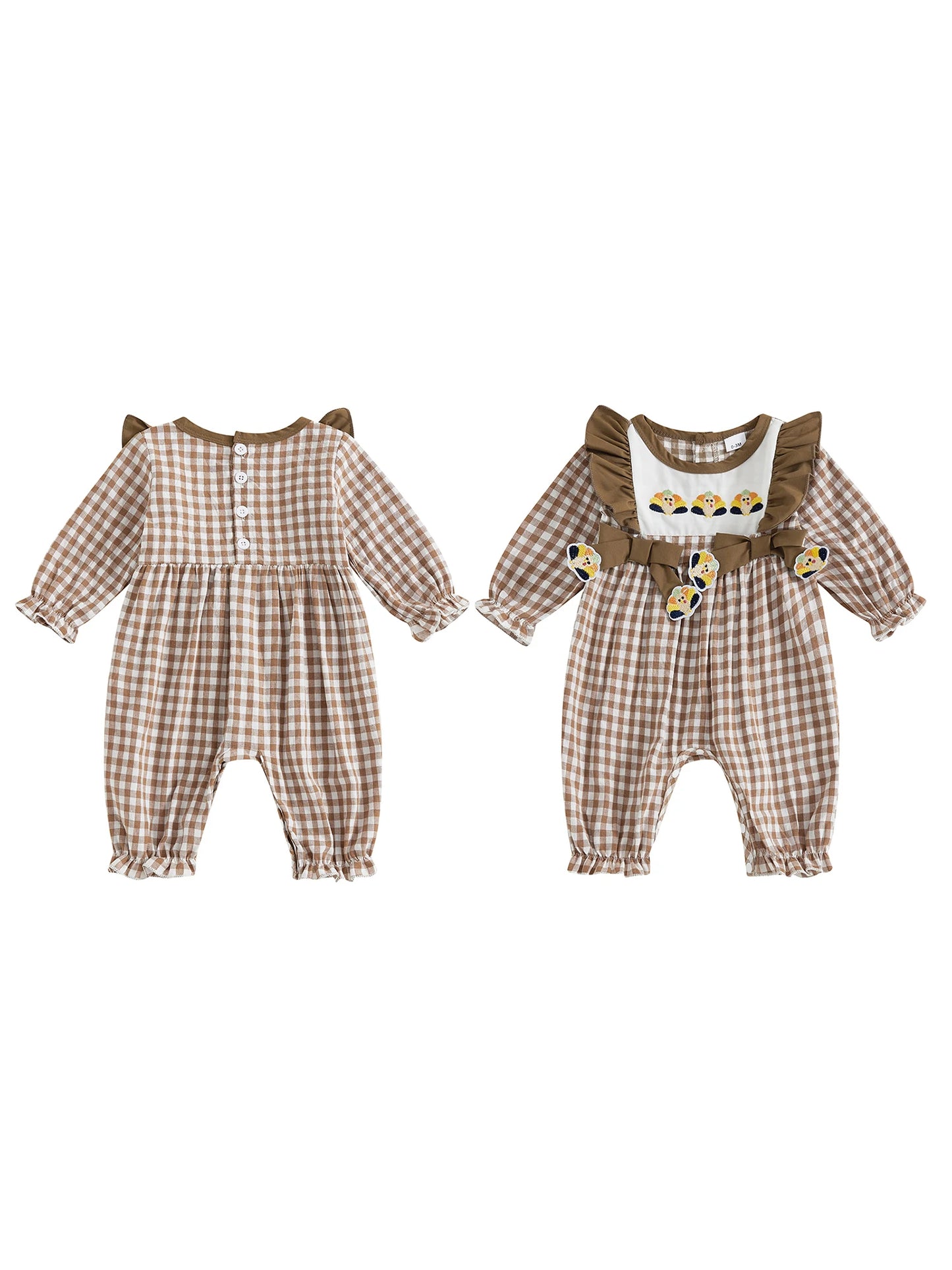 Adorable Infant Girls Fall Plaid Romper with Festive Pumpkin and Turkey Embroidery Cozy Long Sleeve Jumpsuit for Thanksgiving
