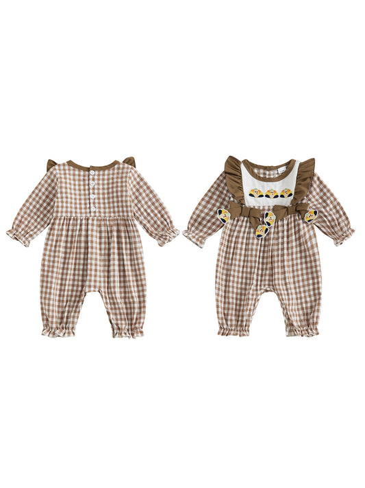 Adorable Infant Girls Fall Plaid Romper with Festive Pumpkin and Turkey Embroidery Cozy Long Sleeve Jumpsuit for Thanksgiving