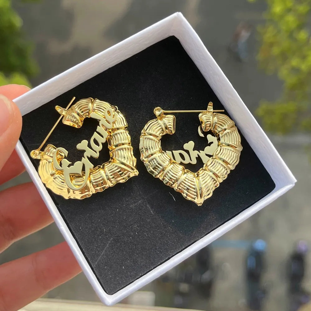 Duoying Custom Name Earrings Heart Shape 30mm Bamboo Hoops