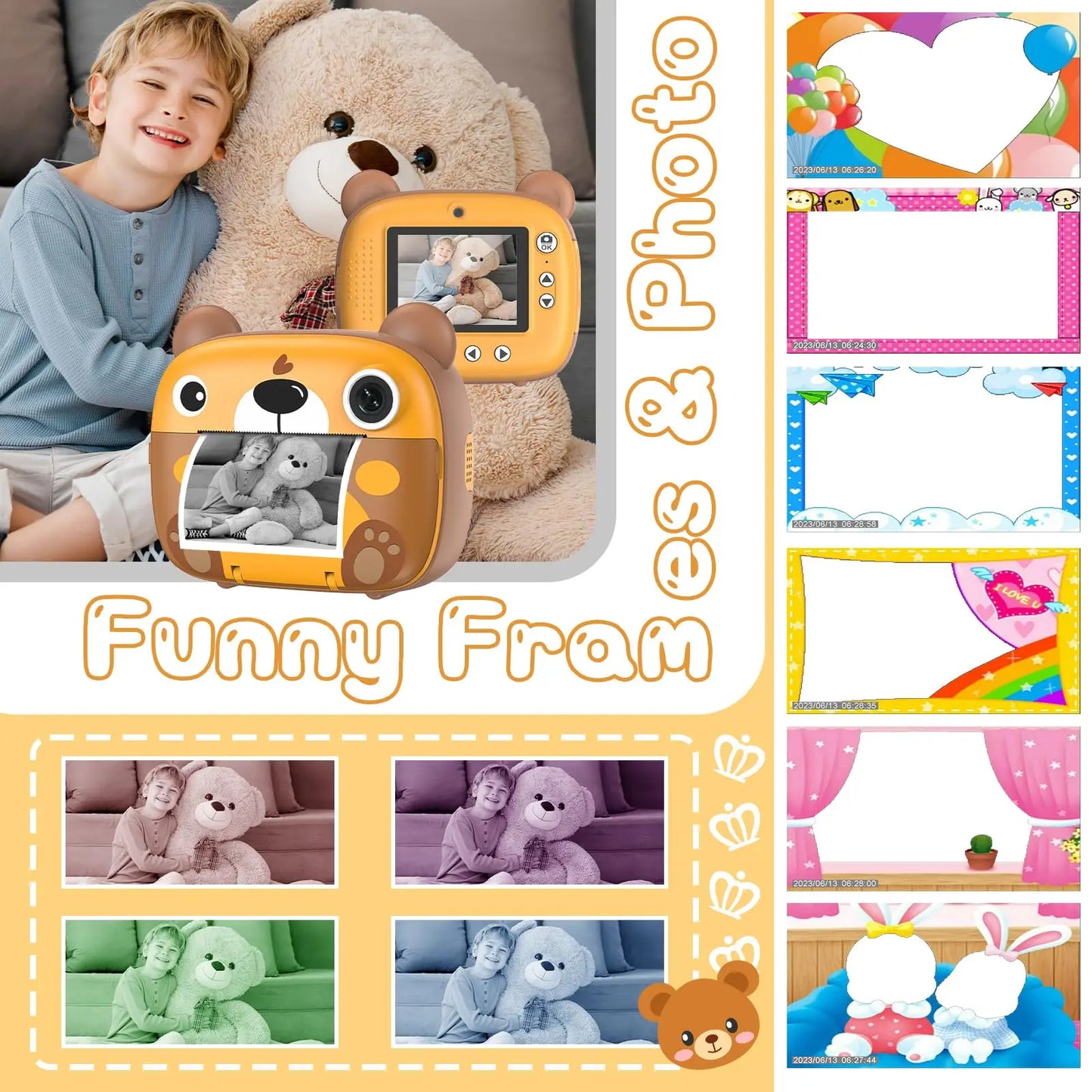 Kids Instant Camera 2.4 Inch Screen 12MP 1080P HD Instant Print Digital Camera Birthday Gifts For 3-12 Years Old Children