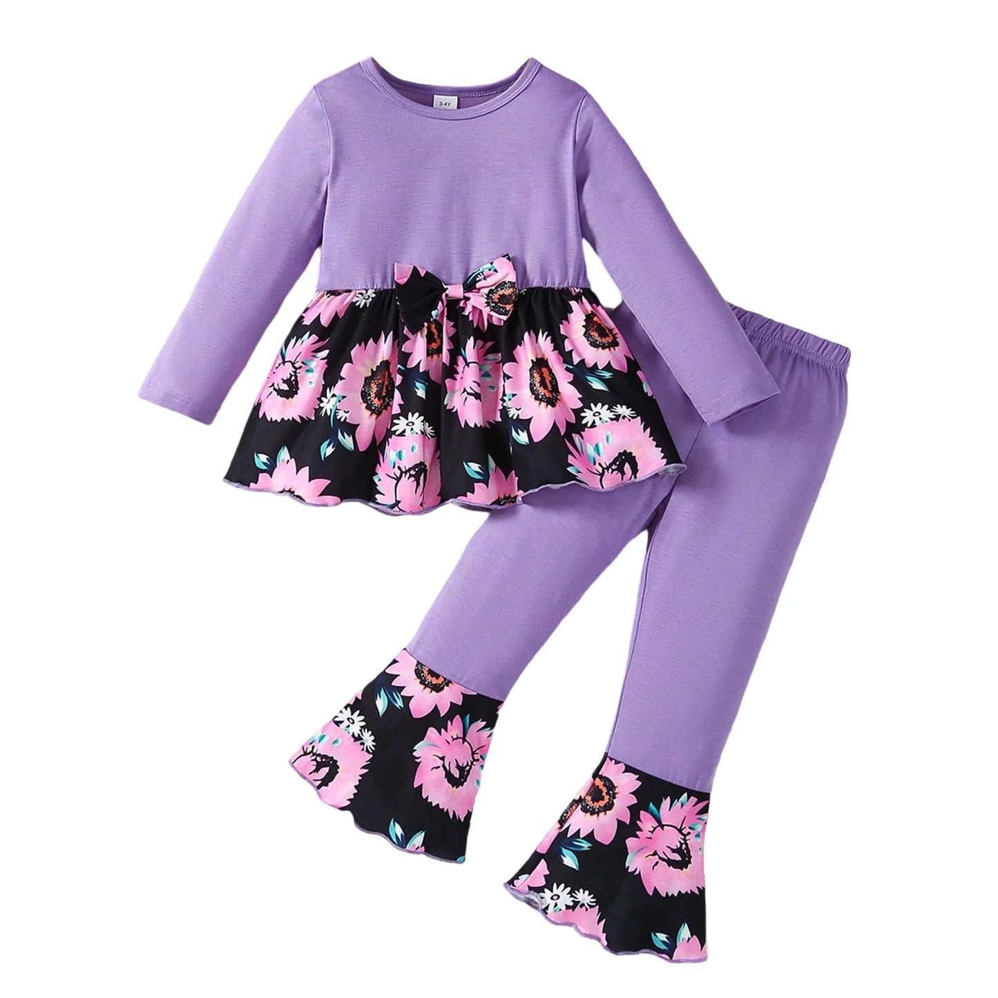 Girls Autumn Fashion Floral Print Round Neck Long Sleeve Top and Flared Pants 2-Piece Outfit Set for Kids