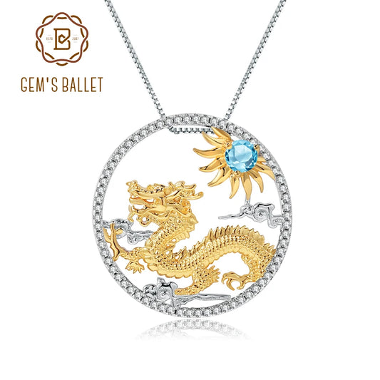 GEM'S BALLET 925 Sterling Silver Natural Swiss Blue Topaz Handmade Dragon Pendant Necklace For Women Chinese Zodiac Jewelry