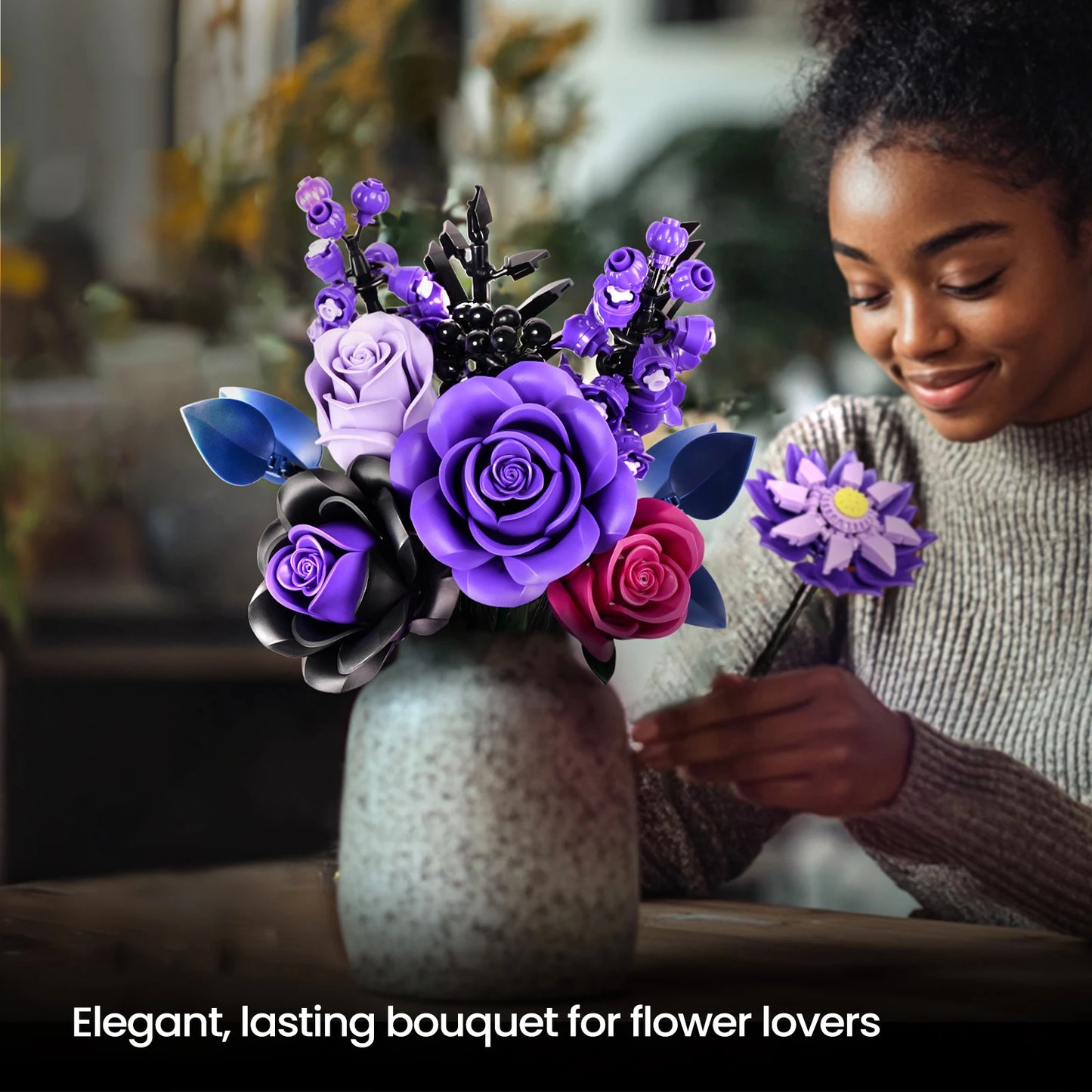 Purple Roses Blocks Flowers Building Set Simulated Rose Wedding Floral Home Decoration Bouquet Brick Toy Birthday Gift for Adult