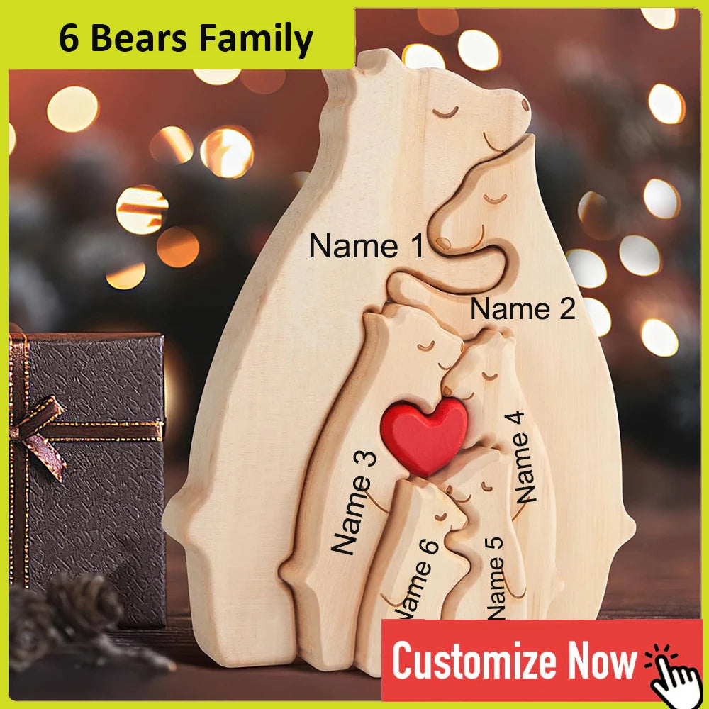 Personalized Custom Bear Family Wooden Puzzle DIY Free Engraving Name Sculpture Home DeskDecor Figurines Christmas Birthday Gift