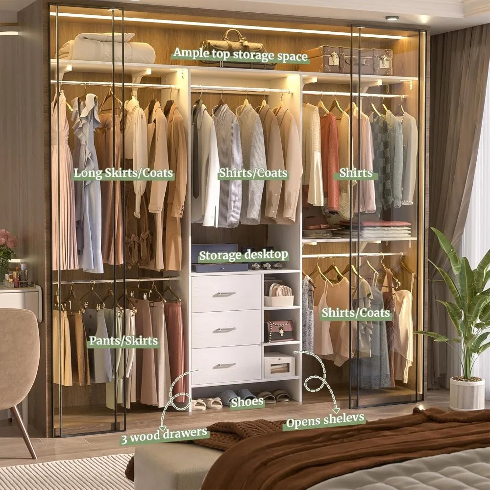 Closet System, Closet Organizer with 3 Wooden Drawers, 8FT Closets Organizer System, 96’’ Walk-in Closet Wardrobe Clothes