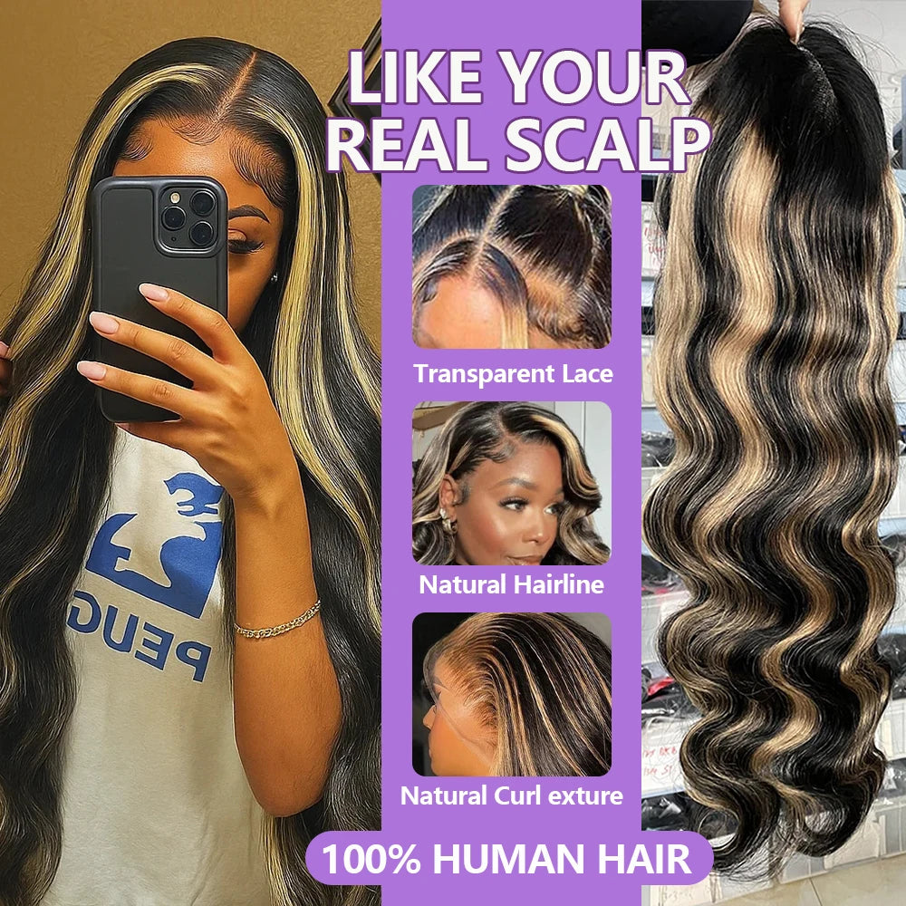 1B/27 Balayage Highlight Body Wave Wig Human Hair 30 Inch 13x4 HD Lace Frontal Wig Ombre Blonde Highlight Brazilian Hair  Wigs