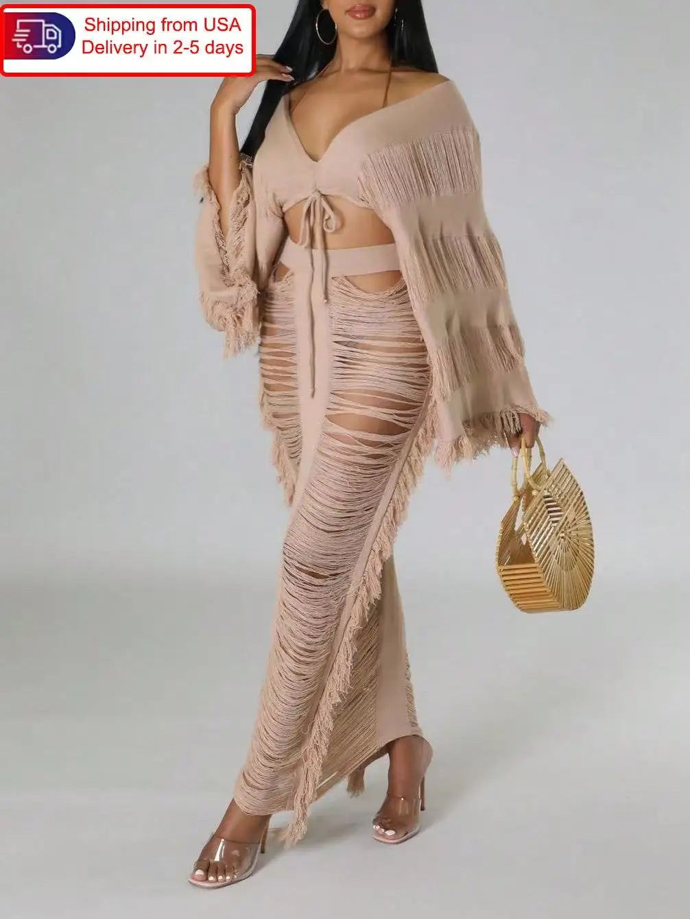 Dress 2025 Women's Fringed 2-piece Set Long-sleeved top with fringed cutout sexy and elegant party club suit dress