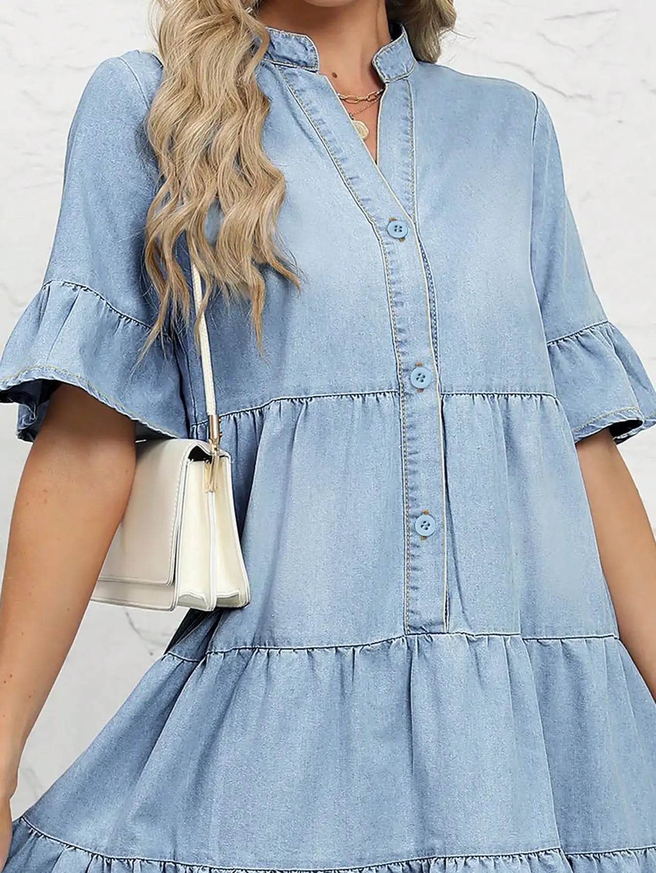 Women's denim dress doll layered short sleeved button denim shirt dress