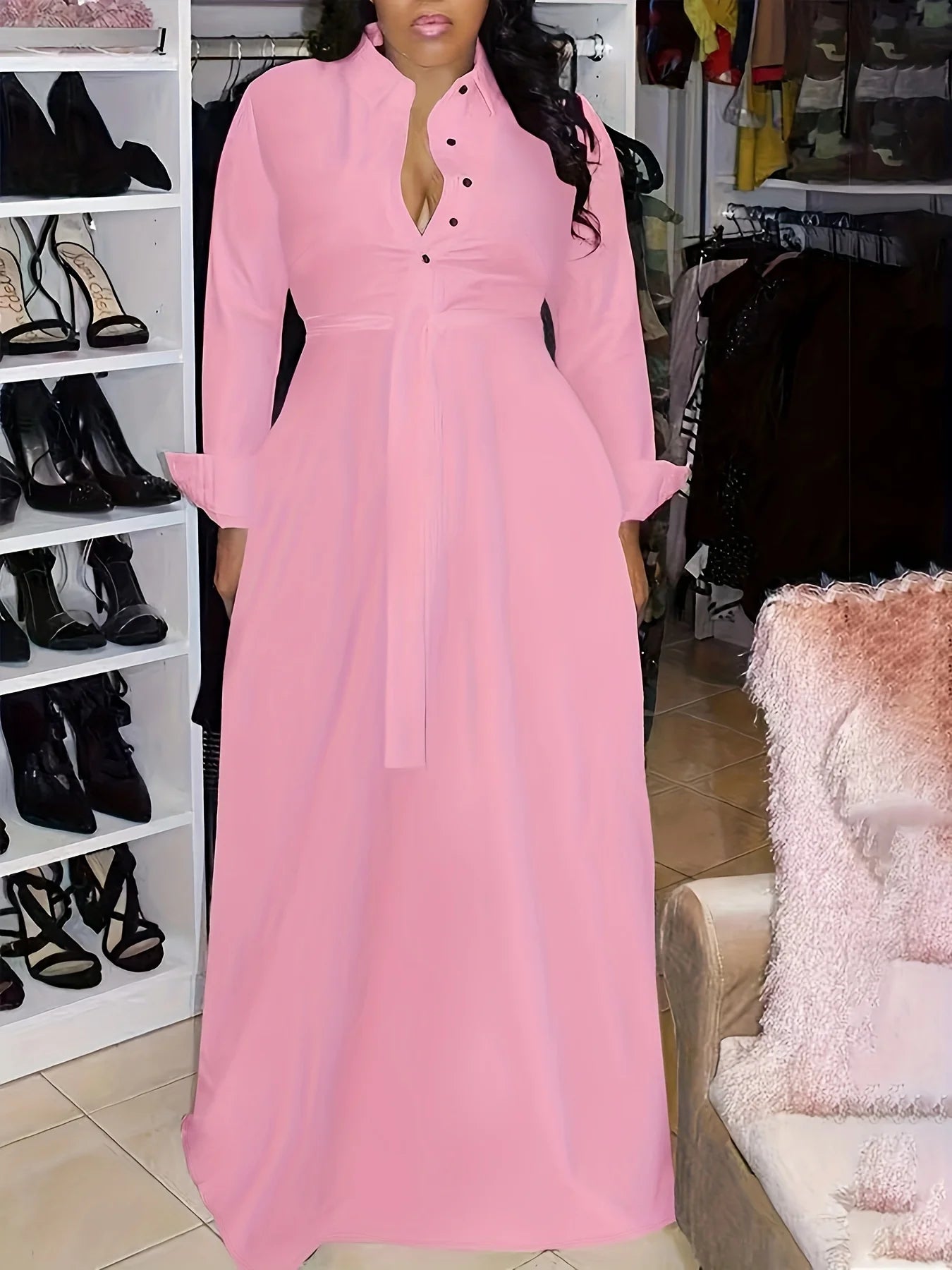 Large Size Solid Color Button Lapel Dress