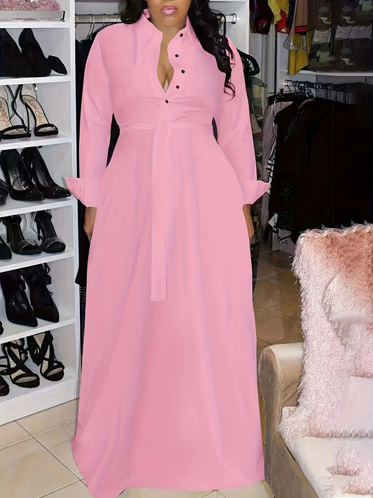 Large Size Solid Color Button Lapel Dress