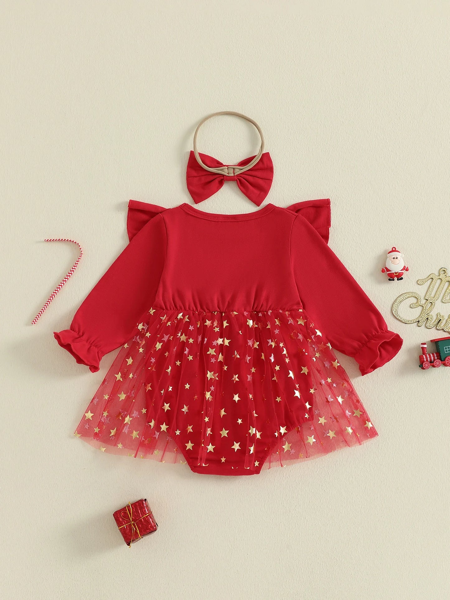 Toddler Girl Christmas Reindeer Print Long Sleeve Romper Dress with Matching Headband and Bow - Festive Holiday Outfit