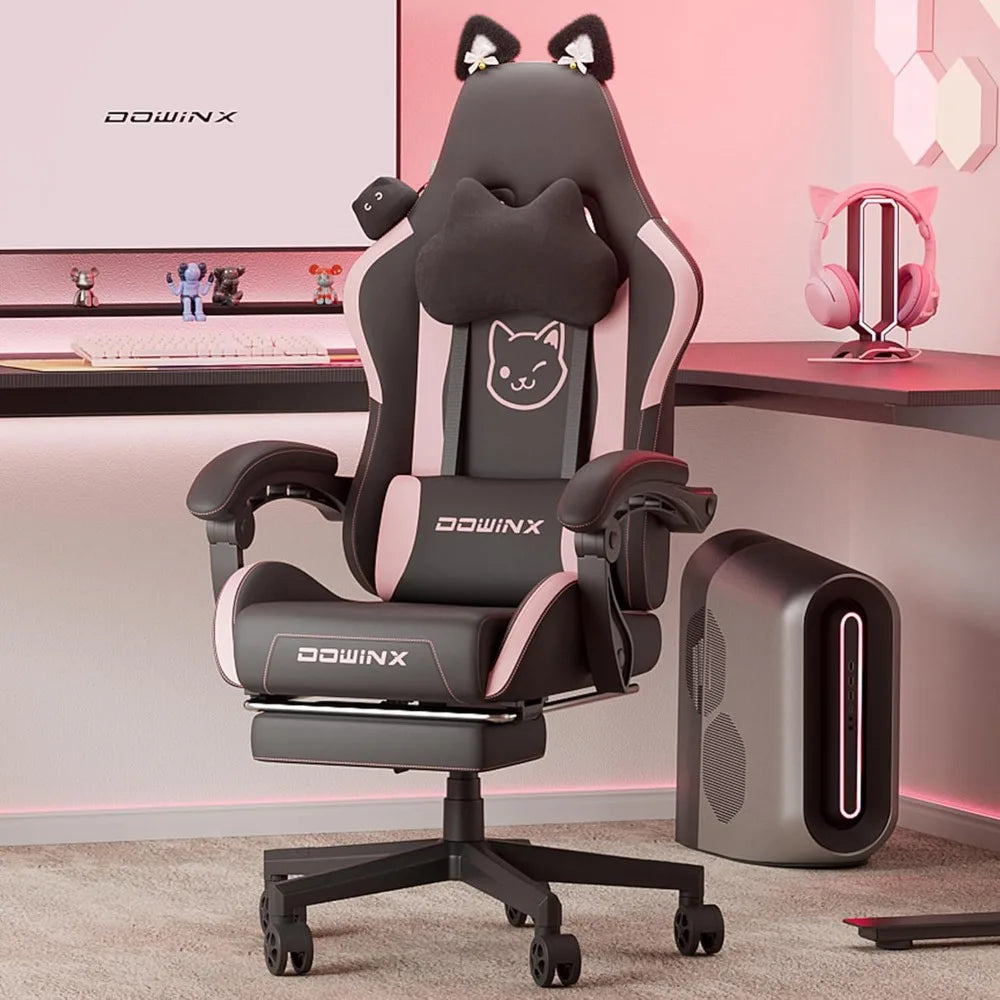 Cute Cat Ear Gaming Chair with Massage Lumbar Support, Ergonomic Computer Chair for Women with Footrest and Headrest