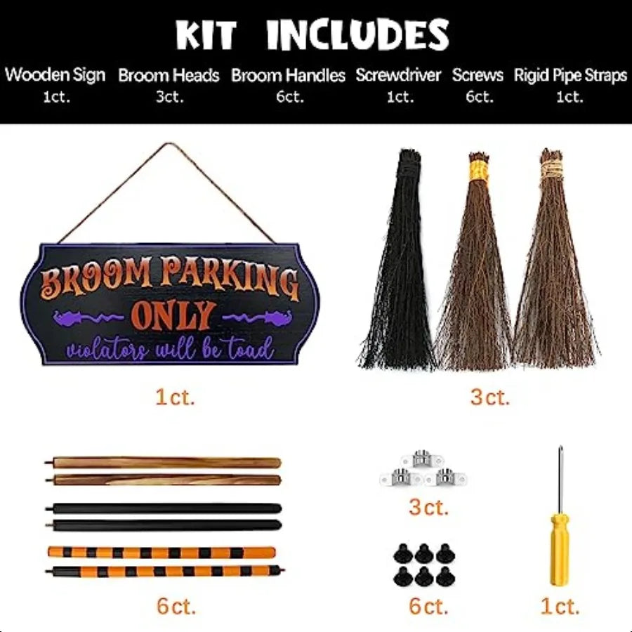 Halloween Decorations Halloween Decor Broom Parking Sign with 3 Wooden Witches Brooms Cute Hocus Pocus Front Porch Wall Decor f