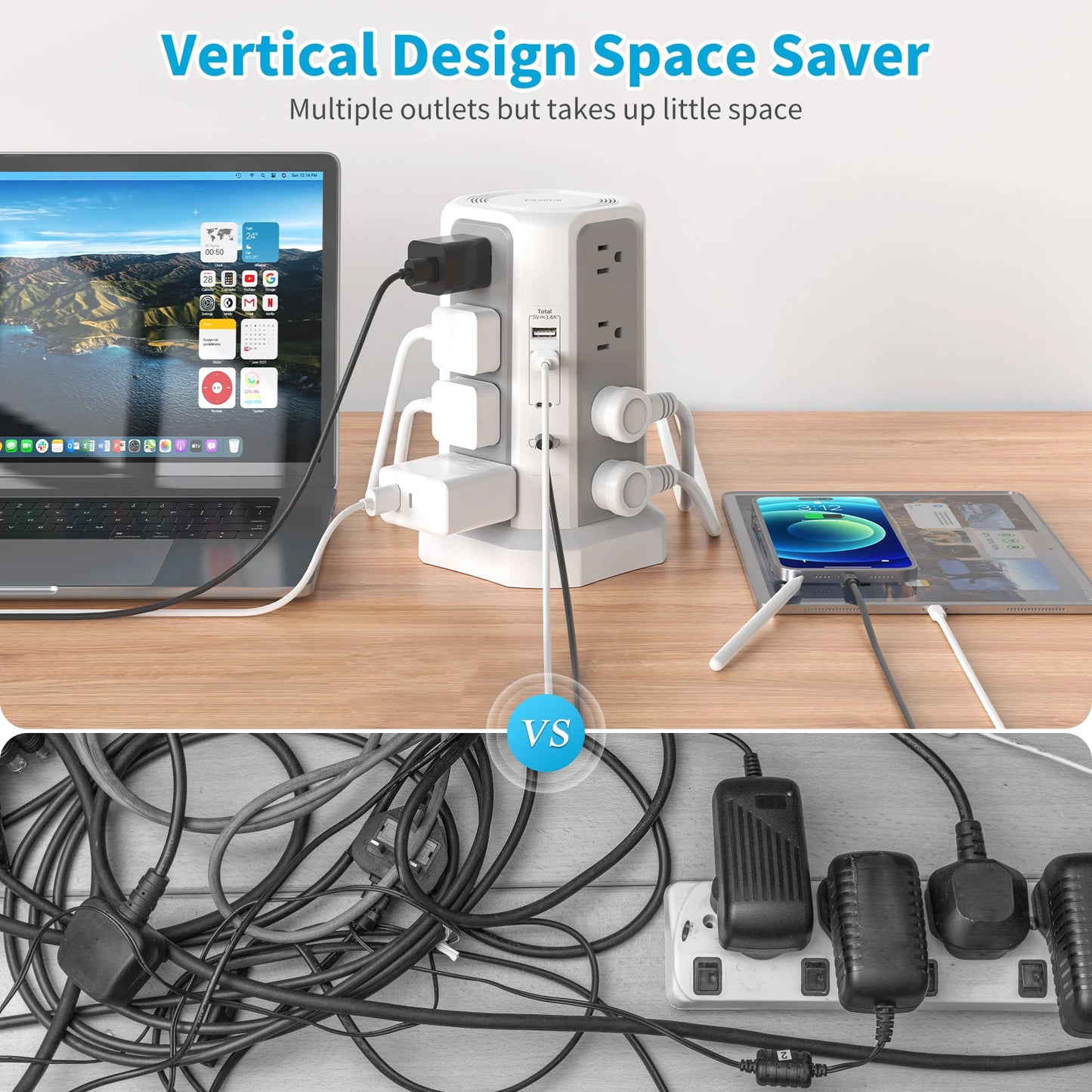 US 4-layer 3m extension tower plug-in board with PD fast charging, suitable for office, home, school and other scenarios