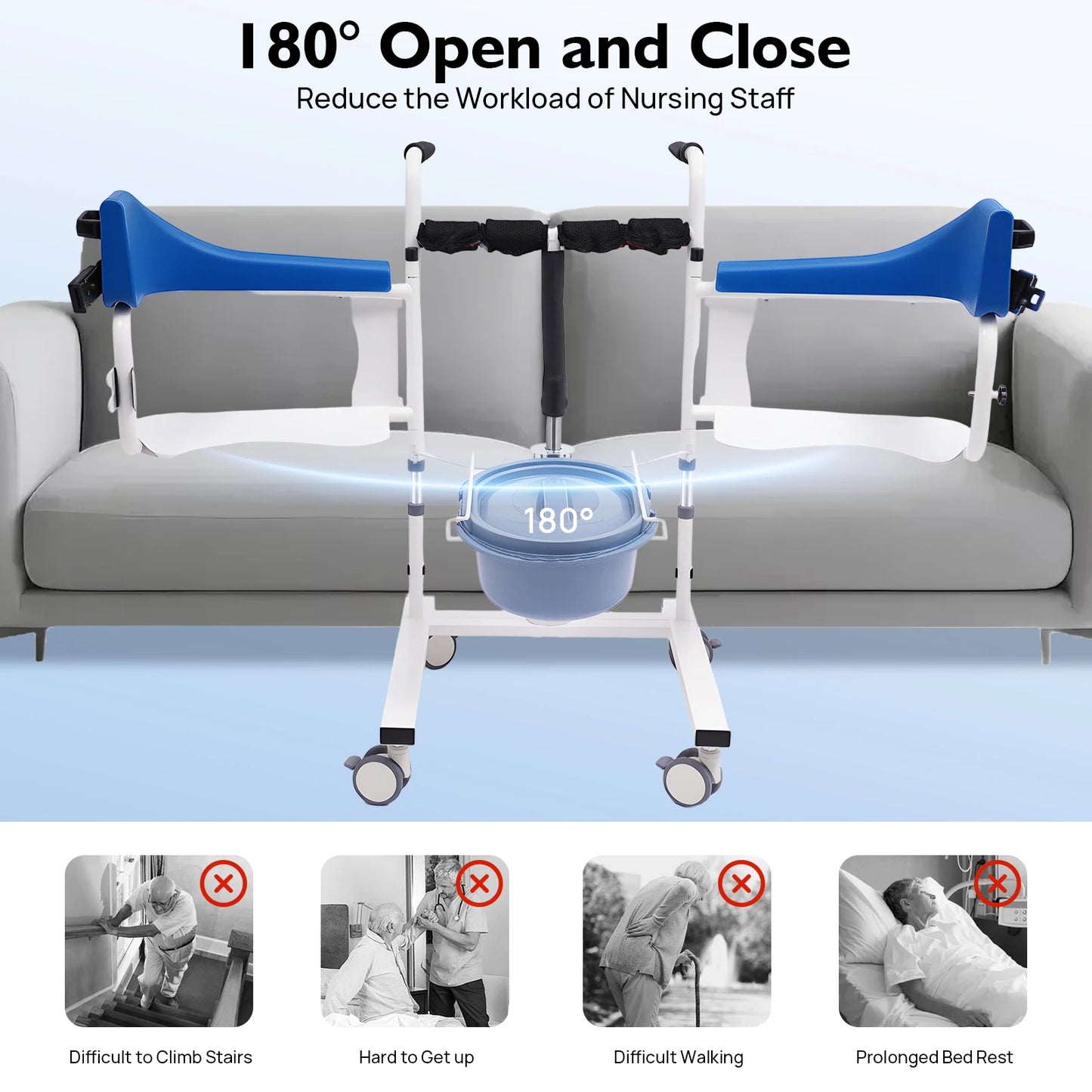 Hydraulic Patient Lifting Wheelchair 198.4lbs Load Portable Potty Transport Wheelchair 16.5-24in Adjustable Height 180° Backrest