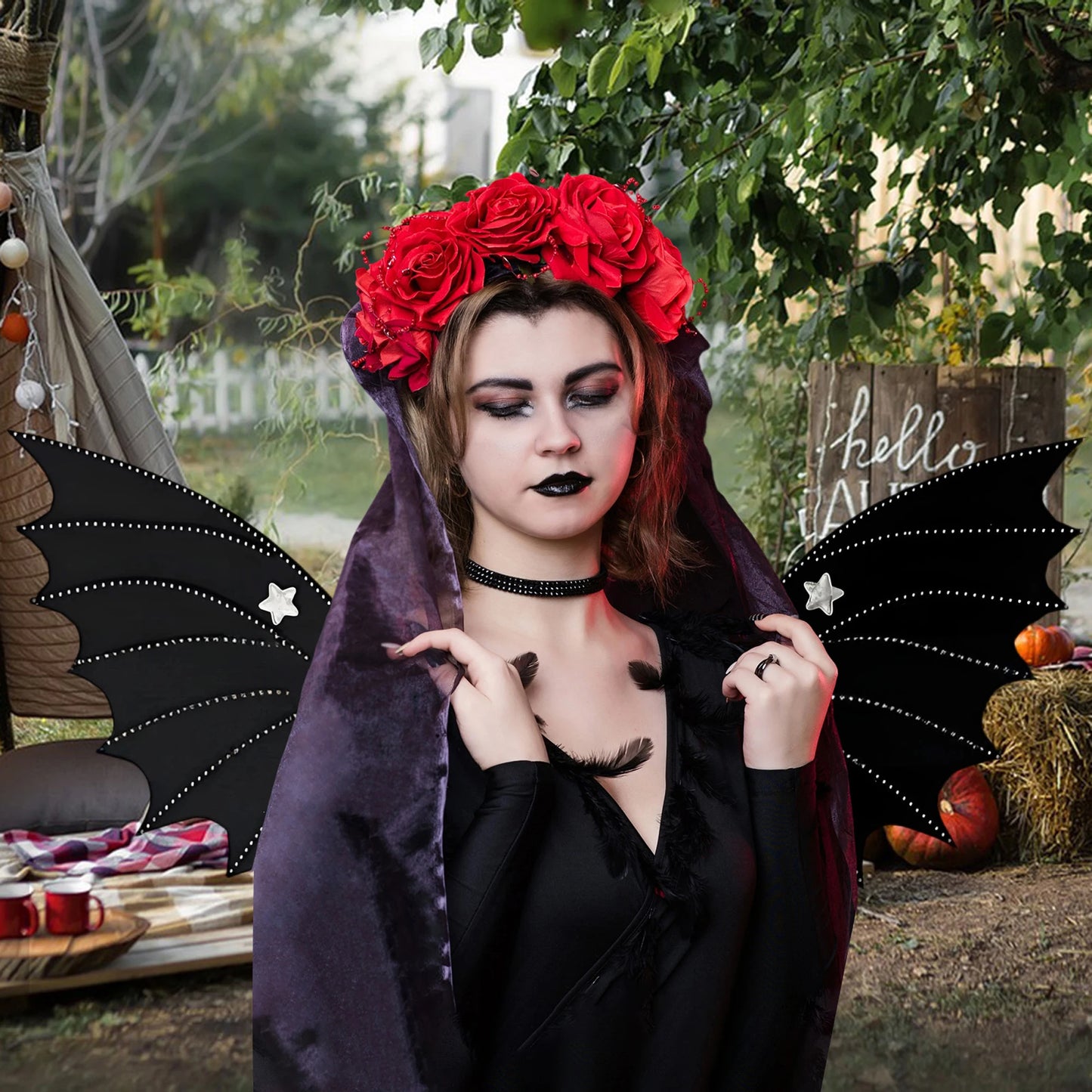 Halloween Gothic Black Bat Wing Star Decor Devil Wings Costume Accessories for Adults Unisex Halloween Party