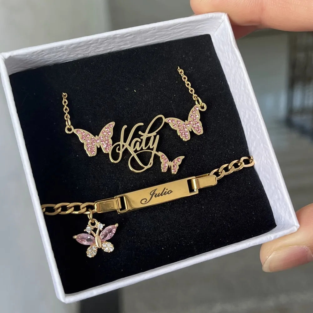 Duoying Pink Butterfly Birthstone Nameplate Necklace Set