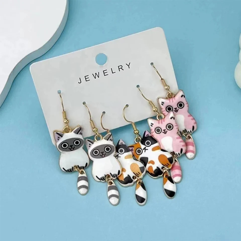 2pcs 3 Pairs Fun and Cute Enamel Alloy Hanging Tail Cat Dangle Earrings Colored Cat Ear Jewelry Set Lovely Gift For Women Girls