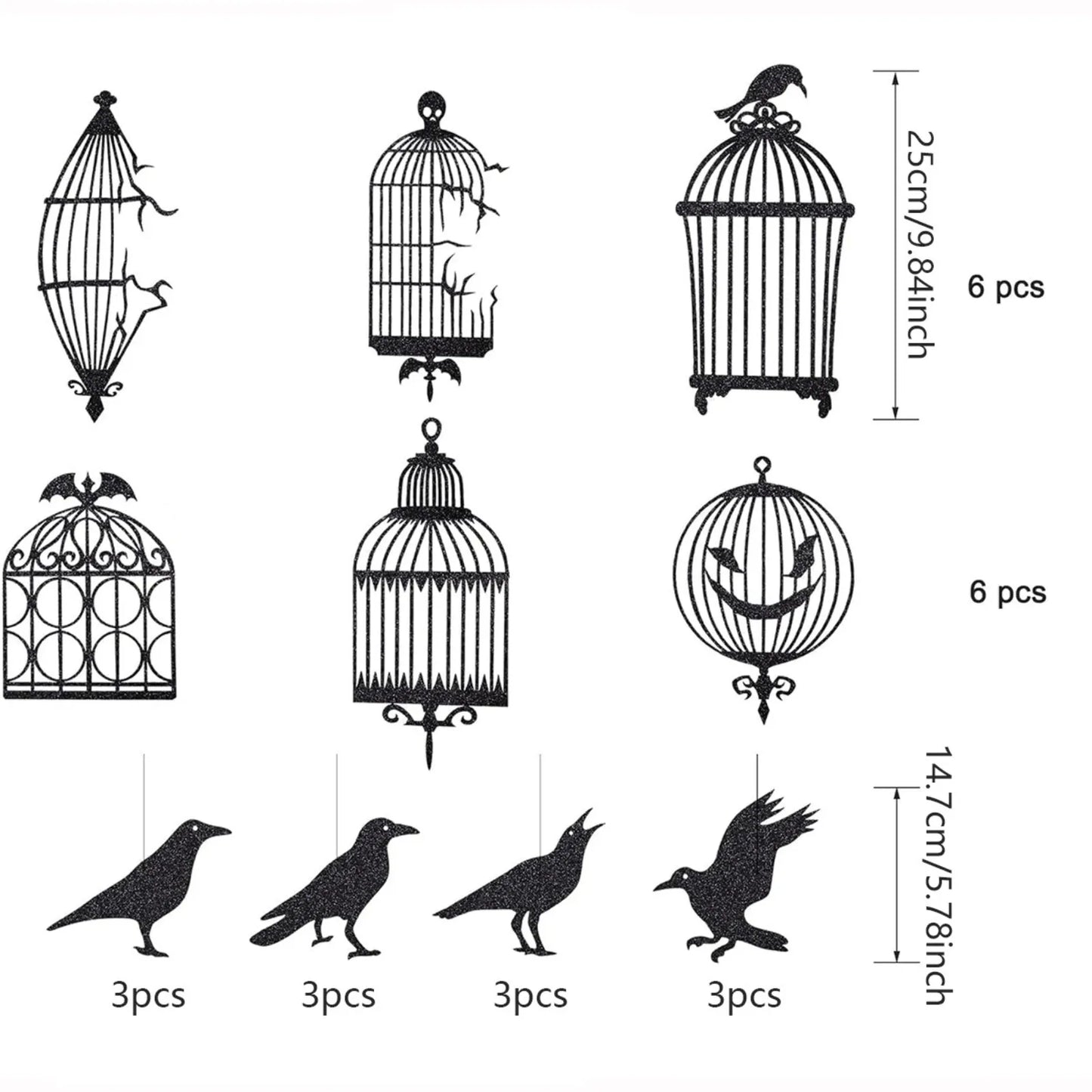Party Decoration Glitter Black Crow Bird Cage Hanging Decoration Window Pendant