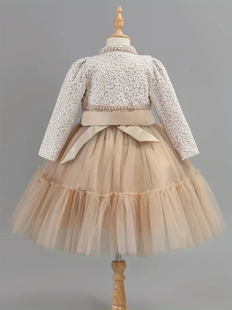 Girls Dress Set Spring Autumn Khaki Lotus Lace 2024 Fashion New Children Clothes Cute Princess Dresses and Coat Outfits 2-8 Year