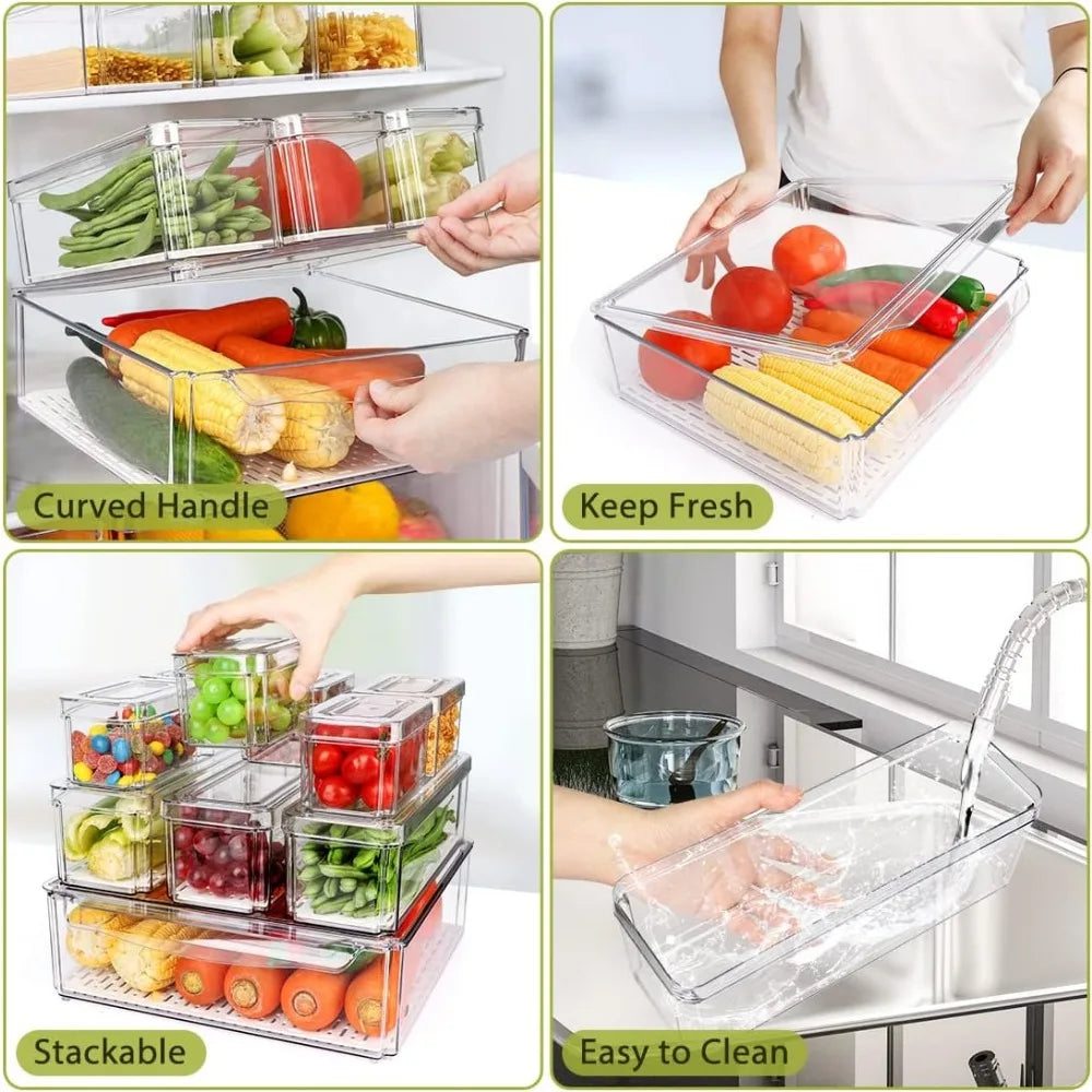 10 Pack Refrigerator Pantry Organizer Bins, Stackable Fridge Organizer Bins with Lids, Clear Plastic Food Storage Bins