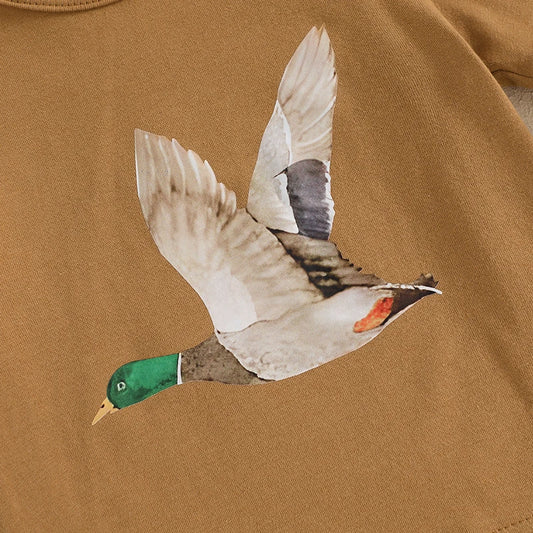 Girls Summer Outfits Adorable Duck Bow Print Ruffles Short-Sleeve Top and Elastic Flare Pants Set for a Stylish Look