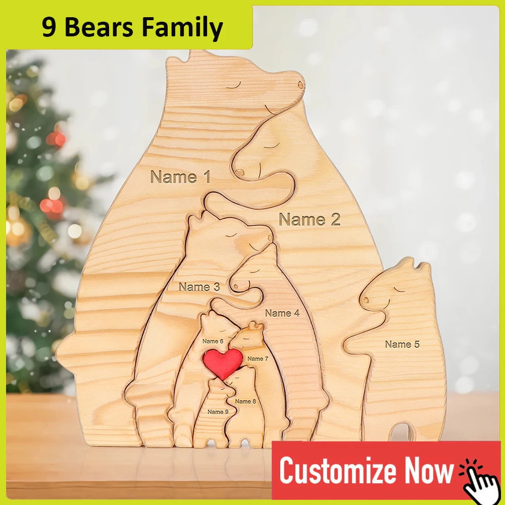 Personalized Custom Bear Family Wooden Puzzle DIY Free Engraving Name Sculpture Home DeskDecor Figurines Christmas Birthday Gift
