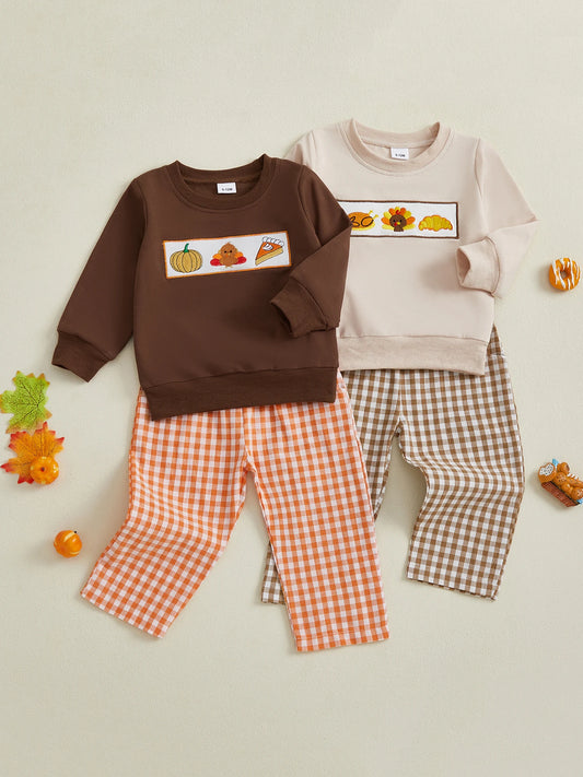 Baby Thanksgiving Outfit Turkey Print Long Sleeve Top and Plaid Pants Set with Elastic Waistband for Toddler Girls