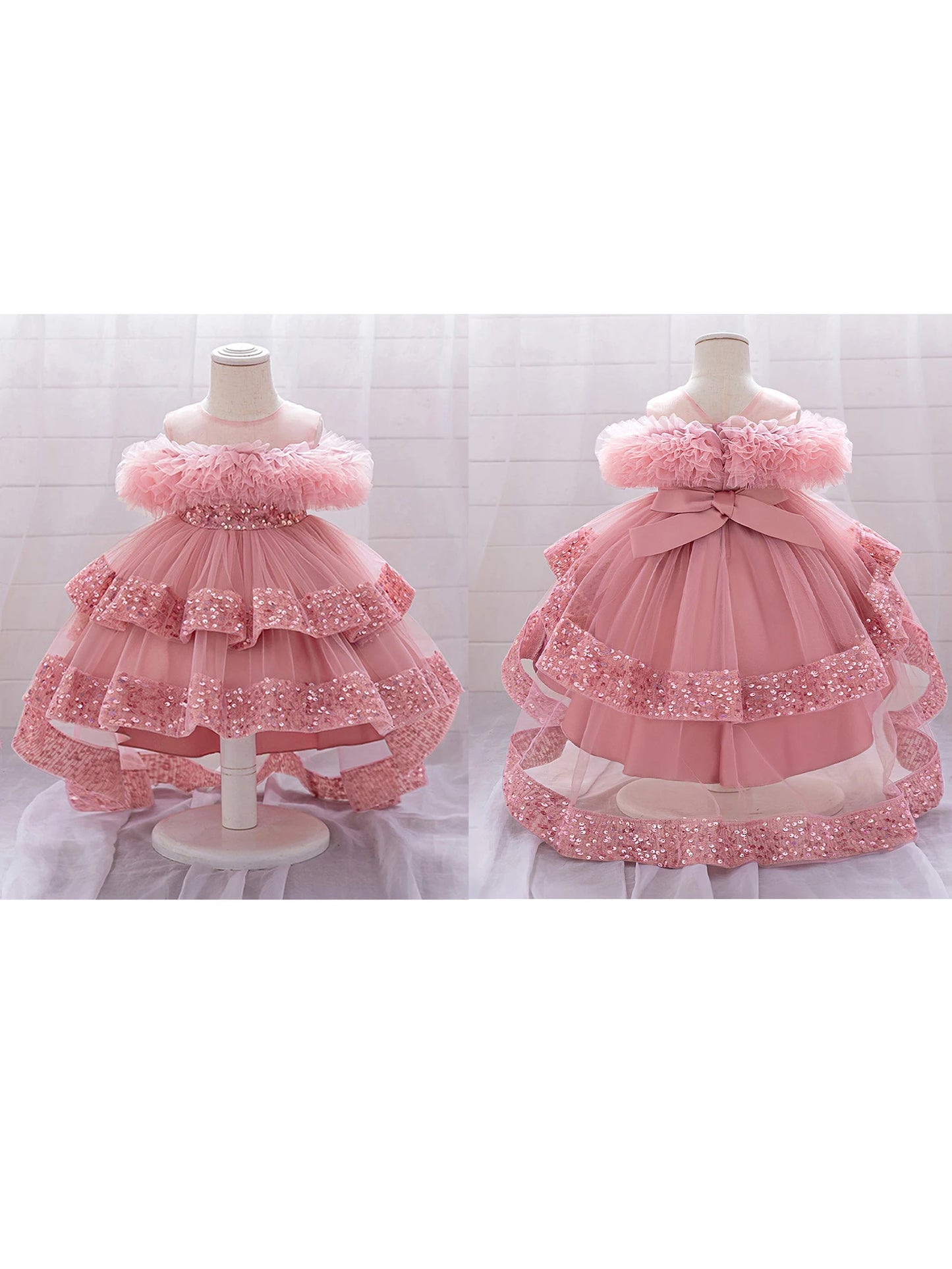 Girls Sparkly Sequin Princess Dress with Tulle Skirt and High-Low Hemline Perfect for Birthday Parties and Weddings
