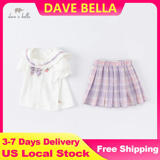 Dave Bella Girls Short Sleeve Blouse Skirt Sets Plaided Sunmmer Clothes Two-Pieces Shirt Skirt Suit Children Clothes DBK2221925