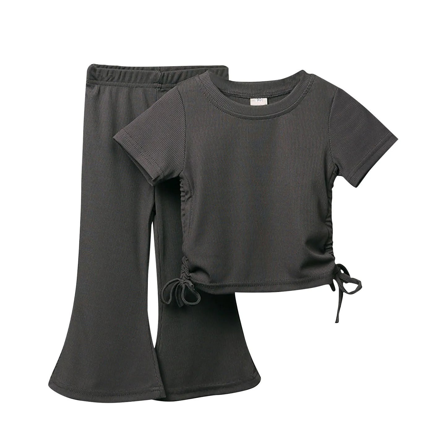 New Korean Short sleeved Set Summer Solid Color Pullover Top+Flare Pants Thin Casual Two Piece Set Suitable for Girls Aged 2-8